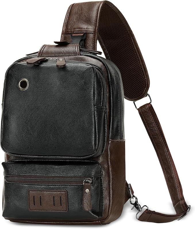 Vintage PU Leather Sling Backpack for Men, Crossbody Bag, Adjustable Shoulder Strap, Compact Backpack for Travel, Daily Use, and Gift, Black