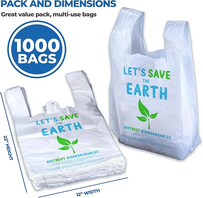Biodegradable Thank You Bags | 1000 Count - Bulk | Extra Thick, Strong, Recyclable, & Reusable | 100% Biodegradable Shopping Bags, Grocery/Restaurant/Supermarket | 12" x 6.5" x 22" |