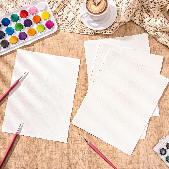 50 Sheets Watercolor Paper 8.5 x 11inch, 160 GSM Deckled Edge Paper Rough/Textured Handmade Paper for Wedding Invitations, Cards, Crafts