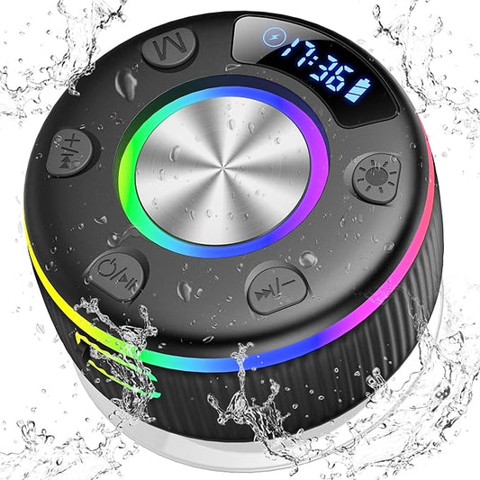Bluetooth Shower Speaker, Portable Bluetooth 5.3 Speakers Wireless with Time Display, IP7 Waterproof Speakers with RGB Light, Suction Cup, Mini Stereo Speaker for Bathroom Party Travel Beach Outdoor