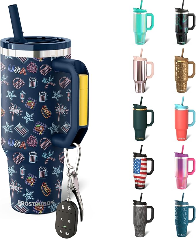 Frost Buddy Thicc Buddy - 40 oz Stainless Steel Vacuum Insulated Tumbler with Lid and Straw for Water - Travel Mug Cupholder Friendly - Gifts for Women Men Him Her (Neon USA)