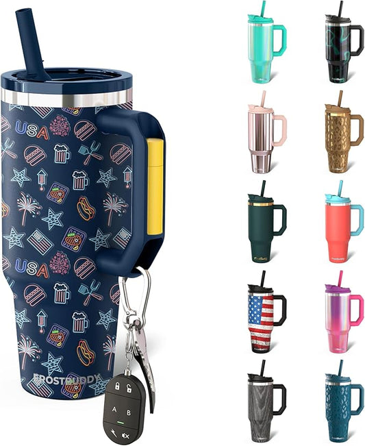 Frost Buddy Thicc Buddy - 40 oz Stainless Steel Vacuum Insulated Tumbler with Lid and Straw for Water - Travel Mug Cupholder Friendly - Gifts for Women Men Him Her (Neon USA)