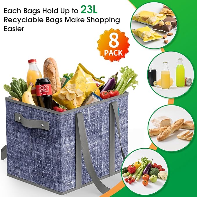 Fab totes Reusable Grocery Bags, Large Foldable Shopping Tote Bags with Reinforced Handles & Hard Bottom,Water Resistant Grocery Bags for kitchen,Picnic,8 Pack,Blue