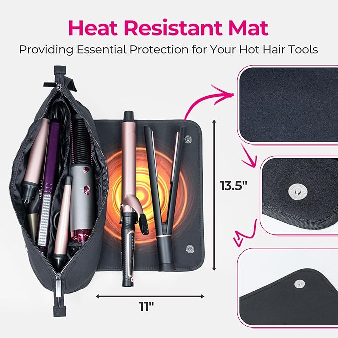 Hair Tools Travel Bag with Heat Resistant Mat - Hair Tool Organizer Case for Curling Iron, Straightener, Flat Iron & Hair Dryer Storage Pouch, Large Capacity Design Women Travel Essentials
