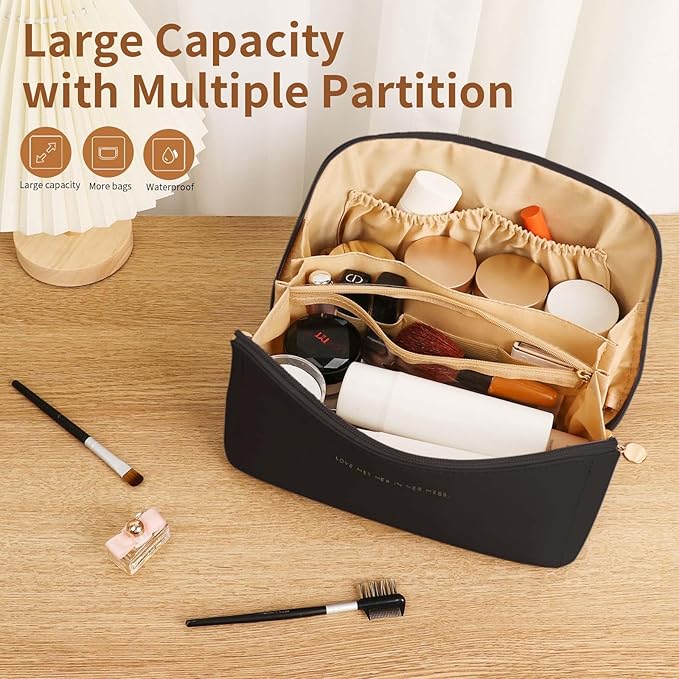 Travel Makeup Bag, Large Capacity Cosmetic Organizer Bags for Women, Waterproof PU Leather Toiletry Bags, Wide Open Flat Makeup Case with Divider and Handle