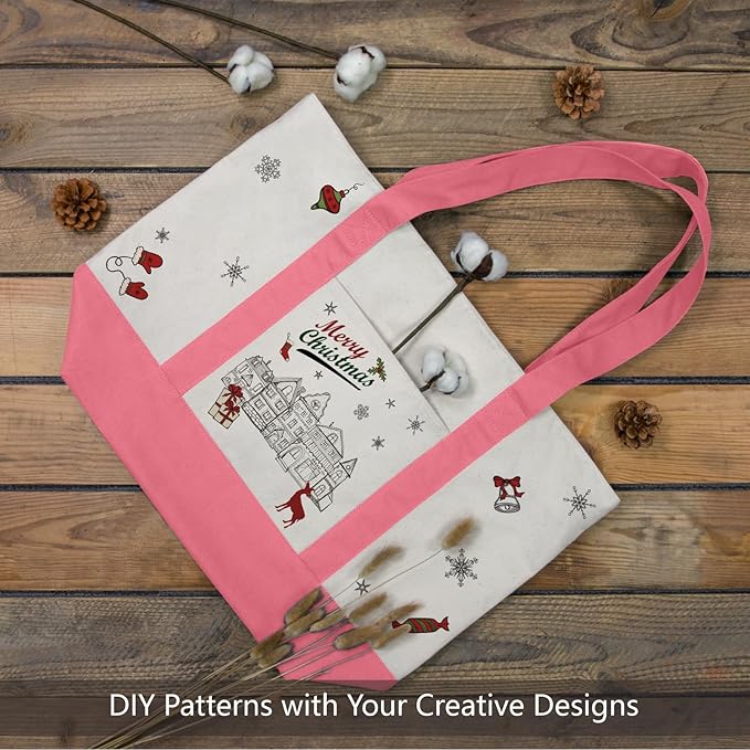 TOPDesign 1-Pack Canvas Tote Bag with an External Pocket, Reusable Grocery Shopping Bag, Top Zipper Closure, Daily Essentials (Rose Pink/Natural)