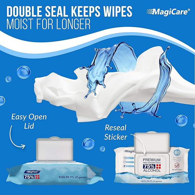 MagiCare 75% Large Alcohol Wipes (4-80ct Packs) - Alcohol Hand Sanitizing Wipes, Premium - Unscented Hand Wipe, Sanitizer Wipe - Travel, Home, Classroom, Camping - 4 Soft Packs (320pcs)