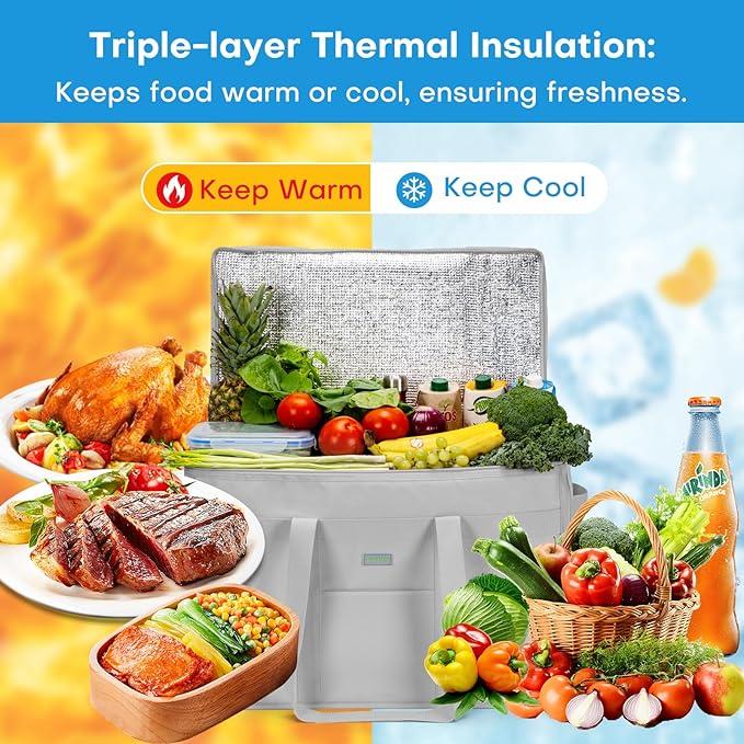 JUNGYOON 2-Pack Heavy-Duty Insulated Grocery Bags & Food Delivery Bag – Collapsible Cooler Bag with Zippered Top | Reusable Shopping Bags for Groceries, Picnics, Easy Storage(XXXL Grey)