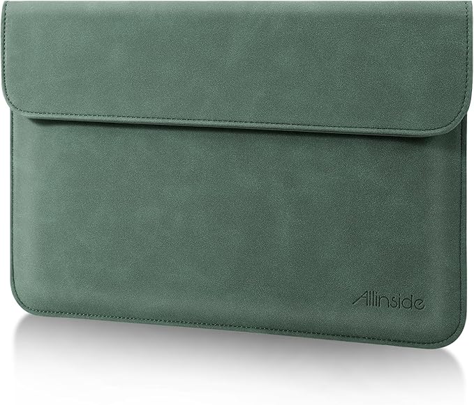 Allinside 13 Inch Laptop Sleeve Case for MacBook Air 13 2018-2025/MacBook Pro 13 2016-2022/Macbook Pro 14 2021-2024, Waterproof PU Leather Horizontal Envelope Protective Case Cover, Dark Green