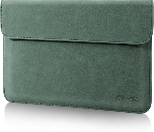 Allinside 13 Inch Laptop Sleeve Case for MacBook Air 13 2018-2025/MacBook Pro 13 2016-2022/Macbook Pro 14 2021-2024, Waterproof PU Leather Horizontal Envelope Protective Case Cover, Dark Green