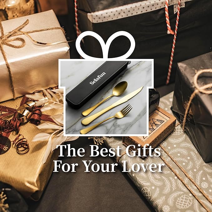 4-pieces Travel Set with Case Portable Silverware Utensils Set for work, Stainless Steel Reusable Flatware Set Cutlery Set for Camping Picnic Hiking Office (6.7inch, Matte Gold)