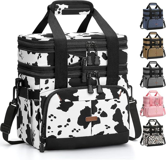Lunch Box for Men Women Double Deck Insulated Lunch Bag for Men Woman Leakproof Expandable Cooler Bag with Adjustable Shoulder Strap for Work Picnic School(Cow Print,16L)