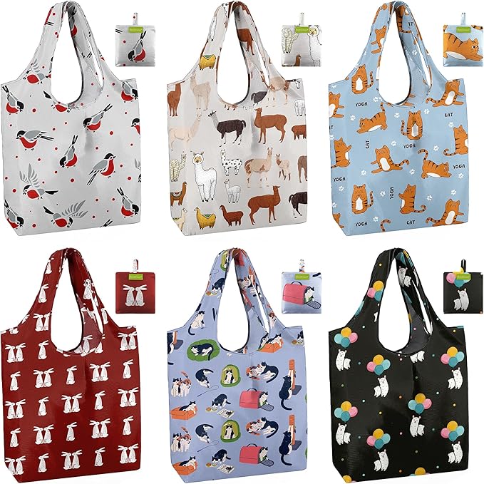 BeeGreen Reusable Grocery Bags 6 Pack, Heavy Duty Totes for Women, Foldable Grocery Bag Large Shopping Totes with Handles for Work, Travel, Gift, Store, Polyester Washable Reusable Tote Bag