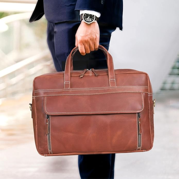 HLC 18 Inch Full Grain Leather Briefcase messenger shoulder bags for men and women