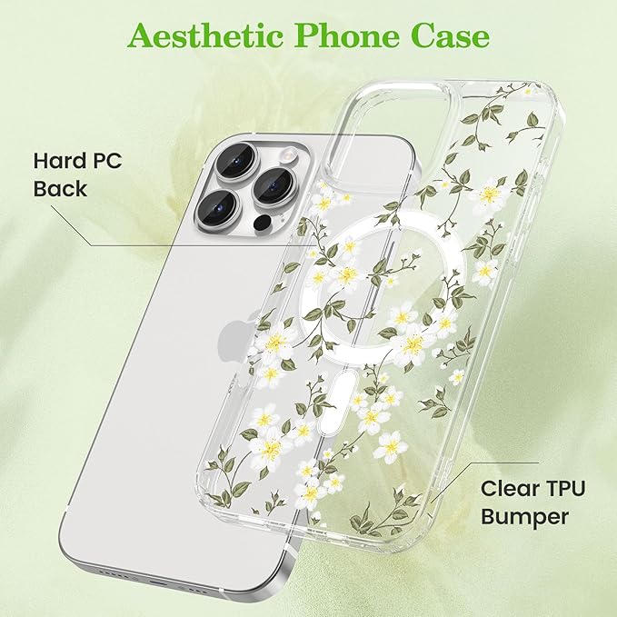 ZTOFERA for iPhone 15 Pro Max Magnetic Case Compatible with Magsafe,Aesthetic Floral Pattern Design Cute for Girl Women,Anti-Drop Protective Hard Phone Cover for iPhone 15 Pro Max-Big White Flower