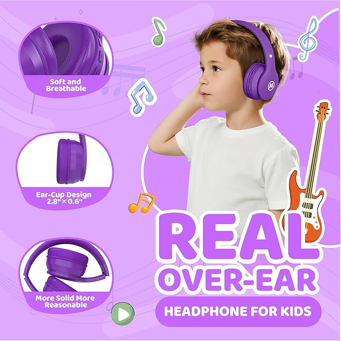 Headphones Kids Bluetooth 5.4 Wireless Play Time 68H Safe Volume Limit 85/94dB Over-Ear Foldable Headset,Fast Charging,with Aux Cord Built-in Mic for Toddler Child Pad Study Tablet Purple