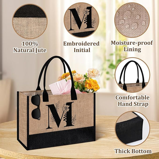AYGE Personalized Initial Jute Tote Bag & Makeup Bag, Beach Bag, Monogrammed Birthday Gifts for Women Sister Mom Bridesmaid