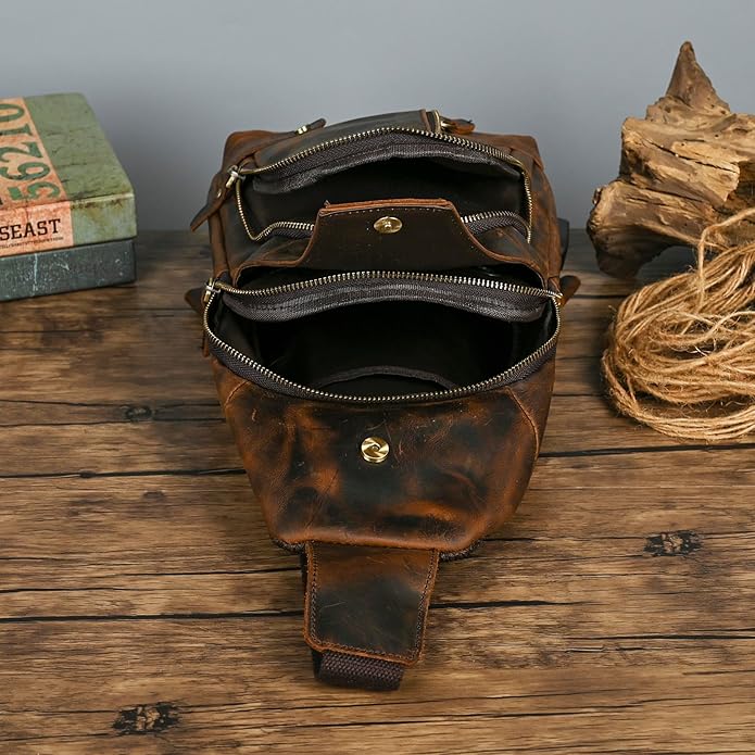 Thick Crazy horse Leather Triangle Crossbody Sling Chest Bag Travel One Shoulder Bag Daypack For Men Male 3028