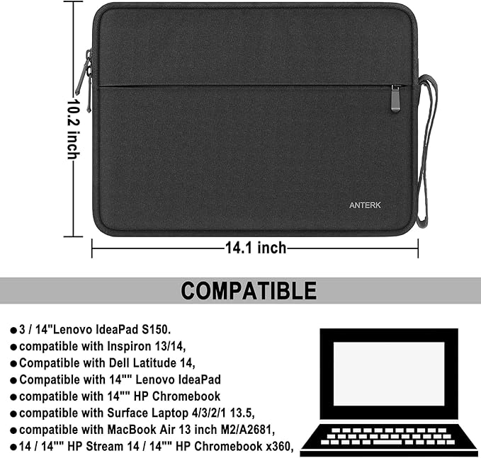 Laptop Sleeve 14 Inch, Water Resistant Traveling Computer Cover with Handle, Shockproof Protective Carrying Laptop Case Compatible for 14 Inch MacBook Air/Pro, HP, Dell, Asus, Lenovo, Black