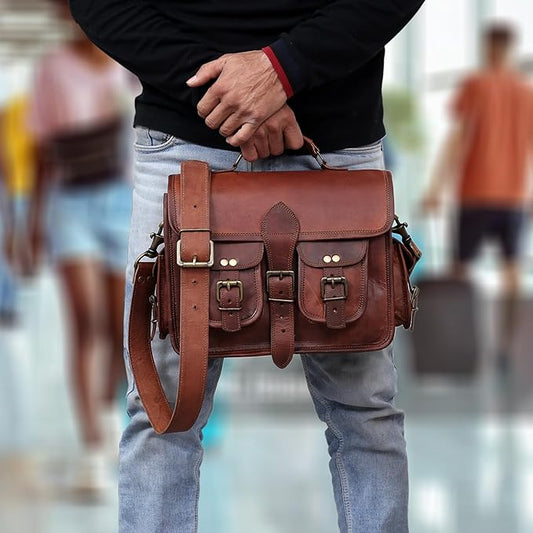 cuero Leather Messenger Bag for Men & Women, 12 Inch Laptop Crossbody, Vintage Handmade Leather Unisex Shoulder Satchel Bag, Full Grain Business Briefcase for iPad/Office/Work/Travel - Brown