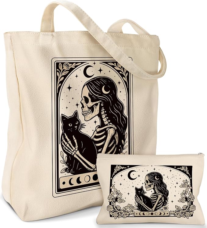 2 Pack Canvas Tote Bag - with Makeup Pouch Aesthetic Cute Women Reusable Canvas Bag for Shopping, Work, Travel