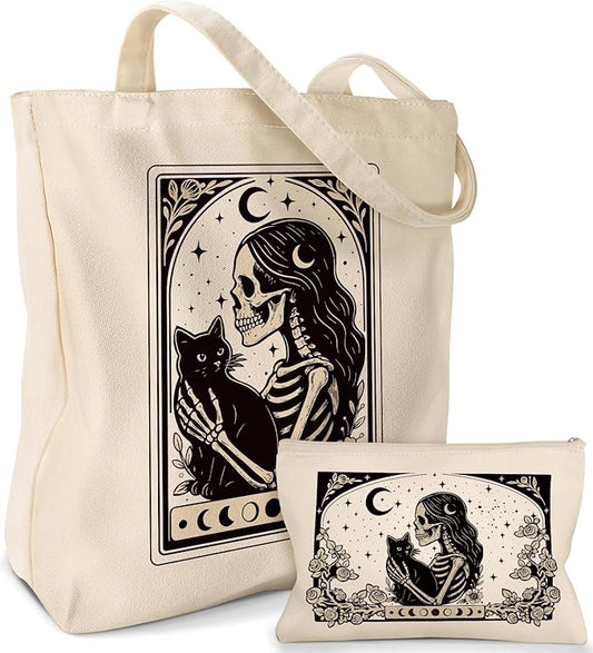 2 Pack Canvas Tote Bag - with Makeup Pouch Aesthetic Cute Women Reusable Canvas Bag for Shopping, Work, Travel