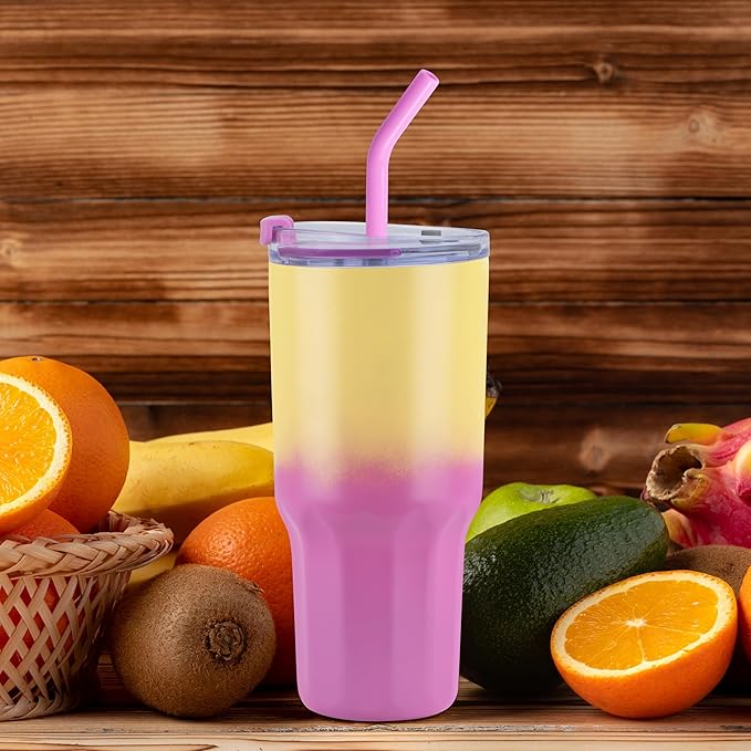 VEGOND 30 oz Insulated Stainless Steel Tumbler with lid and straw Double Wall Vacuum Travel Coffee Mug with Non-Slip Silicone Base, Sweat Proof Powder Coated Cup for Hot Cold Drinks, Pink and Yellow