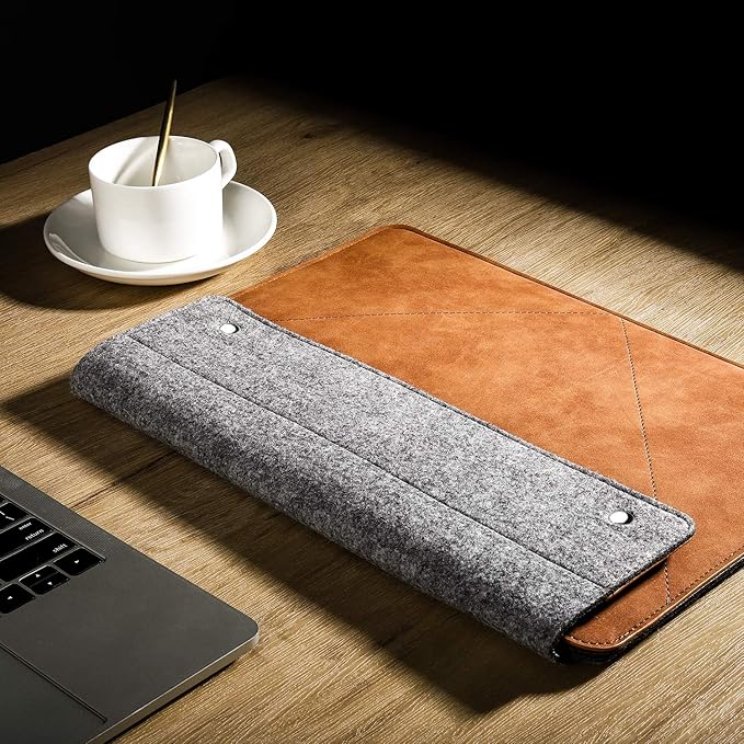 MoKo 13-13.3 Inch Laptop Sleeve Fits MacBook Pro 13" M2/M1, MacBook Pro 14", MacBook Air 13.3", iPad Pro 12.9", Surface Pro 9/8 13", Felt & PU Leather Case Bag with Pocket, Gray&Brown
