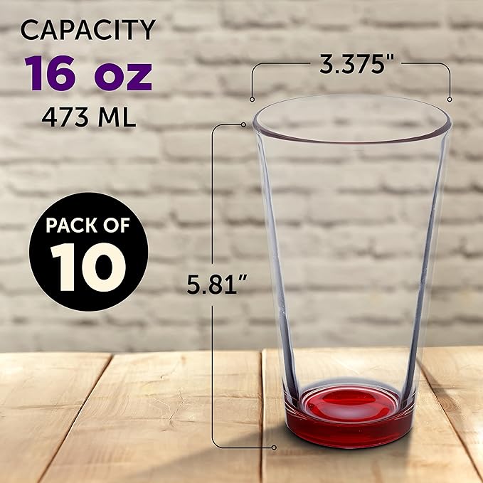 Libbey Pint Glass 16 oz. Set of 10, Bulk Pack - Beer Glasses, Heavy Duty Drinkware - Red