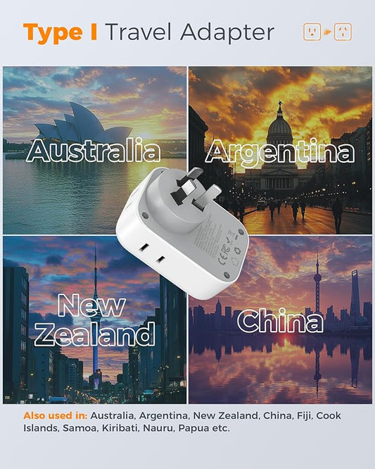 Australia Plug Adapter 2 Pack, TESSAN New Zealand Power Adapter with 4 Outlets 3 USB (2 USB-C), Type I Travel Adaptor for US to Australian Argentina China Fiji Samoa Tonga Kiribati