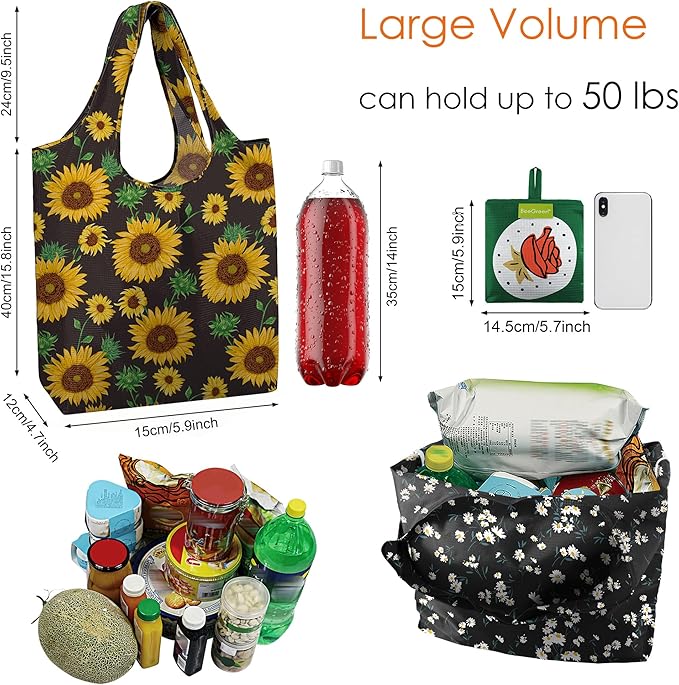 BeeGreen Reusable Grocery Bags 6 Pack, Heavy Duty Totes for Women, Foldable Grocery Bag Large Shopping Totes with Handles for Work, Travel, Gift, Store, Polyester Washable Reusable Tote Bag