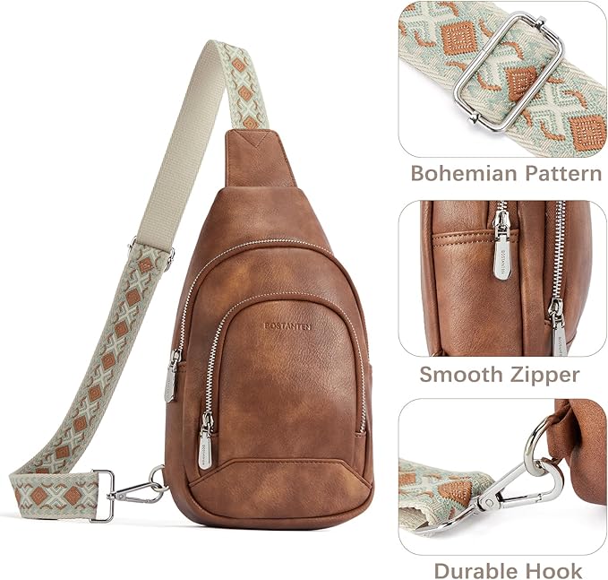 BOSTANTEN Sling Bag for Women Leather Crossbody Bag Vintage Cross Body Purse for Travel with Guitar Strap, Bohemian Style