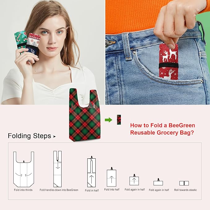 BeeGreen 12 Pack Christmas Reusable Grocery Bags Christmas Gift- 50 Lbs Foldable Polyester Totes With Elastic Band And Storage Pouch For Shopping, Kitchen, Parties Shopping Bag Tote Bags Bulk