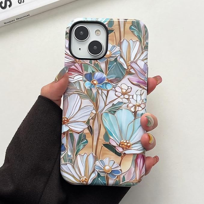 QLTYPRI Flower Case for iPhone 15, Aesthetic Cute Floral Phone Case for Girls Women, Protective Hybrid 2-Layer Hard Shell Silicone Cover Durable Shockproof Phone Cover - Bloom Flower