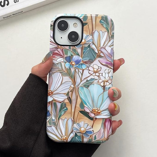 QLTYPRI Flower Case for iPhone 15, Aesthetic Cute Floral Phone Case for Girls Women, Protective Hybrid 2-Layer Hard Shell Silicone Cover Durable Shockproof Phone Cover - Bloom Flower