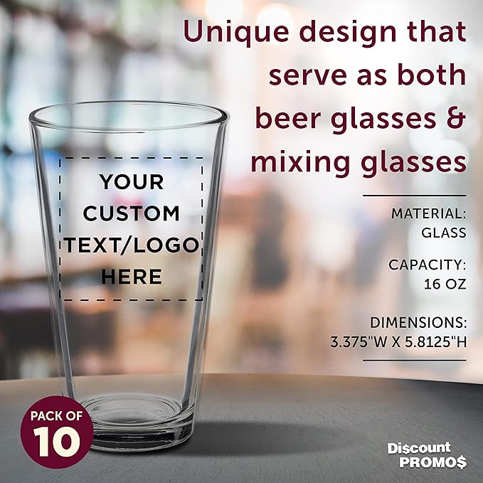 Custom Arc Pint Glass 16 oz. Set of 10, Personalized Bulk Pack - Beer Glasses, Heavy Duty Drinkware - Clear
