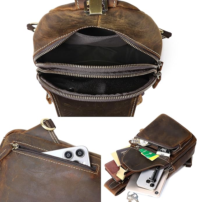 Genuine Leather Sling Bag for Men Women Backpack Chest Shoulder Satchel Crossbody Bags Casual Outdoor Daypack