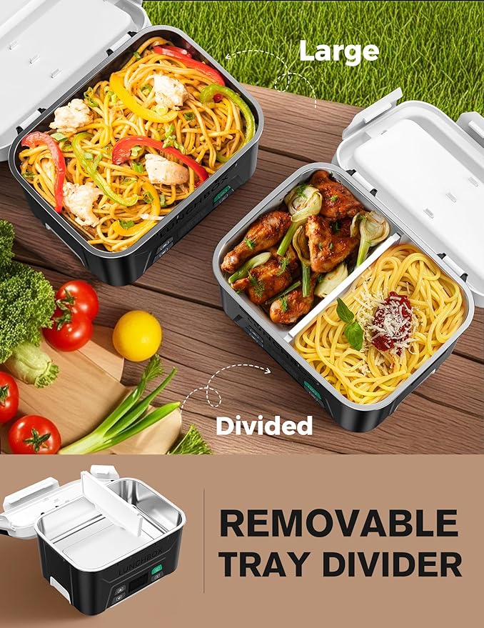 EAST OAK Cordless Electric Lunch Box for Adults, Heated Lunch Box Battery Powered with Automatic Heating, 5.5 Cups Portable Food Warmer with Removable Tray Divider