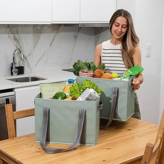VENO 2 Pack 8 Gallon Reusable Grocery Bags, Shopping Bags for groceries, Extra Large Utility Tote with Handles and Hard Bottom, Foldable Cart Organizer, Water Resistant, Heavy-Duty (Light Green)