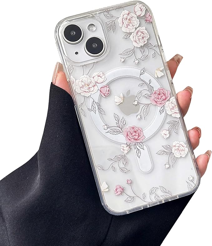 ZTOFERA for iPhone 15 Magnetic Case Compatible with Magsafe,Aesthetic Floral Pattern Design Cute for Girl Women,Anti-Drop Protective Hard Phone Cover for iPhone 15-Pink Rose