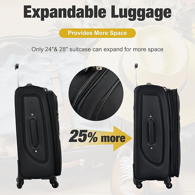Merax Softside Luggage Set Softshell Lightweight 3 Piece Spinner Suitcase with Duffel Bag Expandable Upright Travel Luggage 22" 26" 30",Black