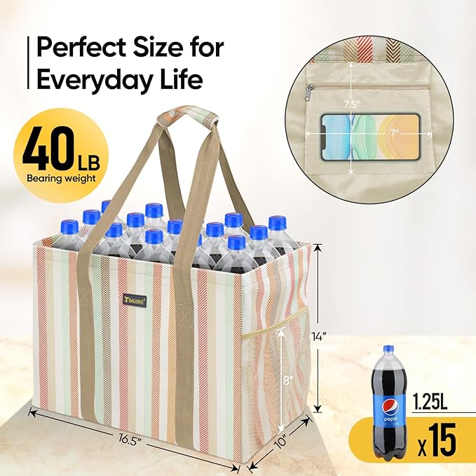 BALEINE Extra Large Utility Tote Bag with Wire Frame for Storage (Color Strip, 16.5''x14''x10'')