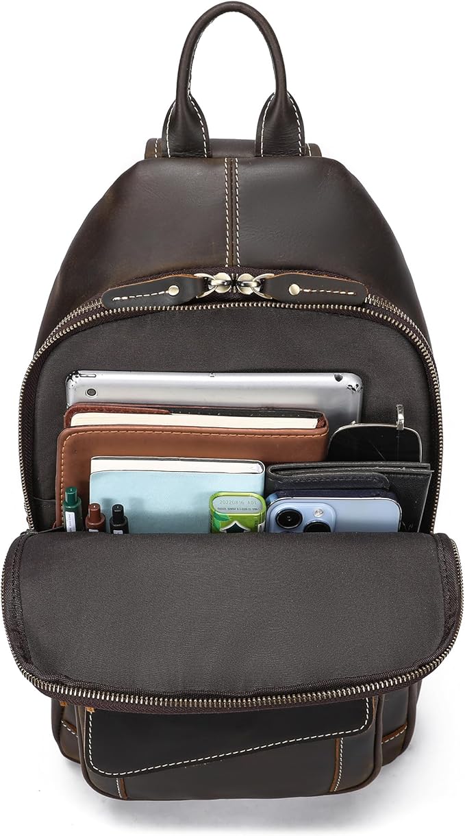 LANNSYNE Full Grain Leather Casual Sling Bag For Men Hiking/Travel/Business Crossbody Chest Bag Fits 12.9" iPad