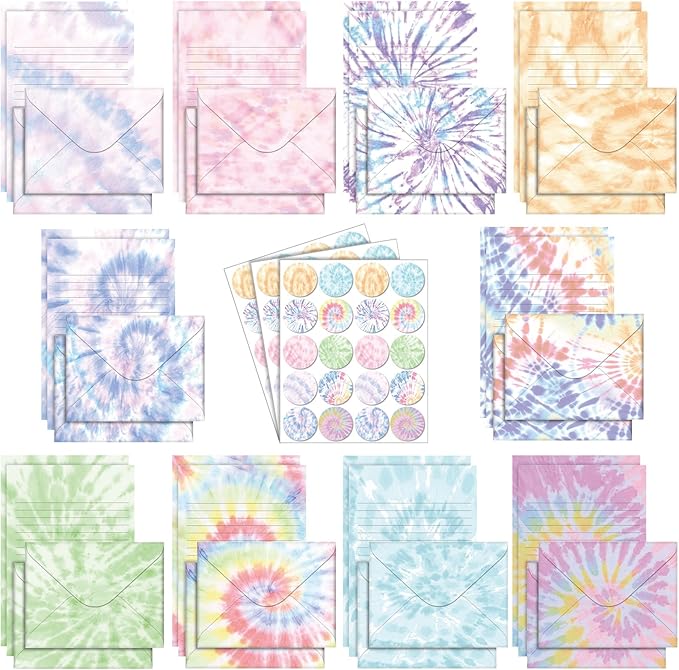 TaoBary 160 Pcs Stationery Paper Set 50 Double Sided Stationery Papers with 50 Matching Envelopes and 60 Round Dot Sticker, 10 Design(Tie Dye,5.5 x 8.25 Inch)