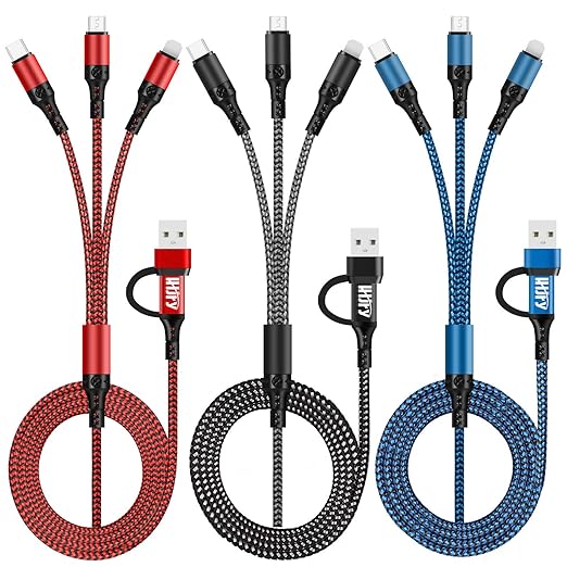 Multi Charging Cable (3Pack,4ft) 6 in 1 USB A/C to USB C/Micro USB/i-P Connector Multiple Charger Cord for Cell Phone/IP/Galaxy/PS/iPads and More