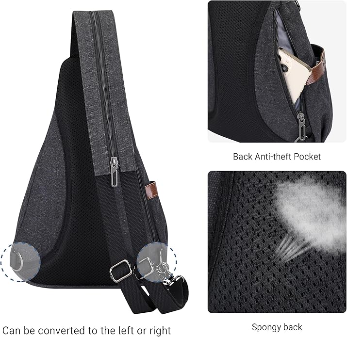 WITZMAN Canvas Sling Bag for Men Women Convertible Sling Backpack Crossbody Vintage Chest Bag Travel Casual Daypack（A8003 Black）