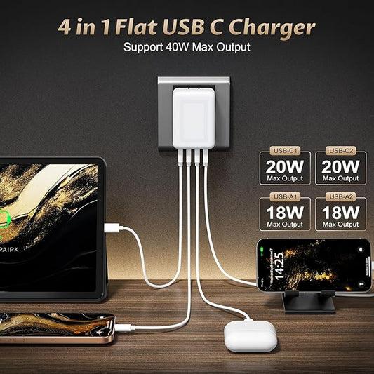 40W Flat USB C Wall Charger Foldable & Slim Fast Charging Block 4Port USB C Charger Block Cube Box Compatible with iPhone16/15 Samsung S23, Pixel, Tablets, Multiport Power Adapter Plug Brick
