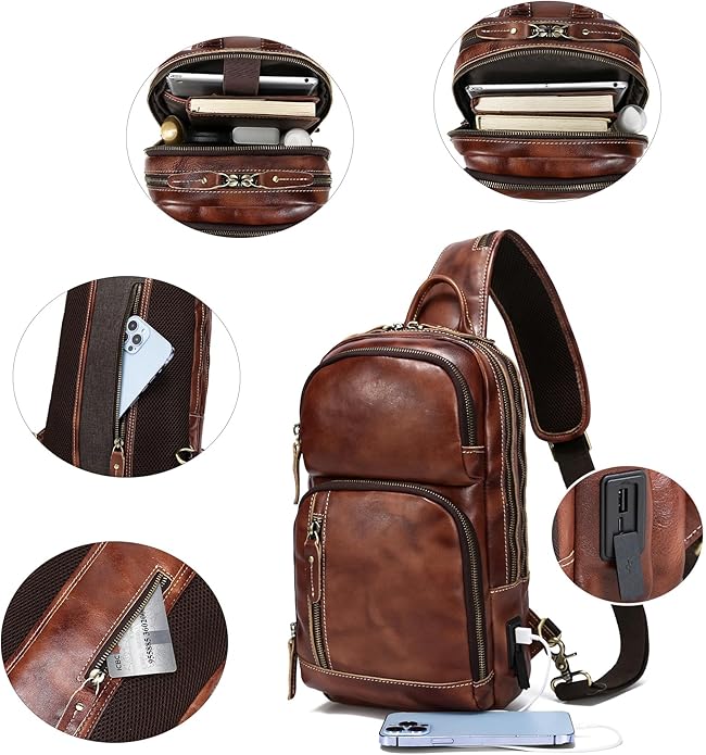 LANNSYNE Full Grain Leather Sling Bag For Men Crossbody Chest Daypack fits 10.5" iPad