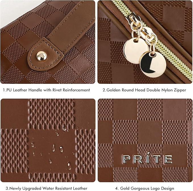 Prite Makeup Bag for Women Travel Waterproof Vegan Leather Cosmetic Bag Open Flat Toiletry Bag With Clear Divider and Handle (Plaid Brown)