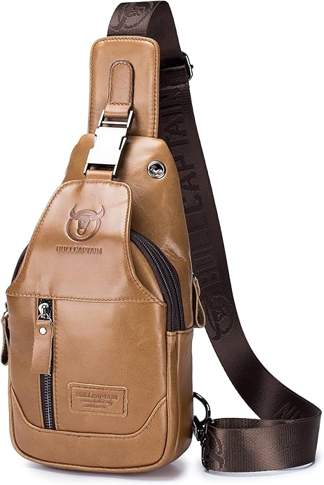 BULLCAPTAIN Genuine Leather Men Sling Backpack Multi Pocket Crossbody Chest Bags Travel Hiking Daypack